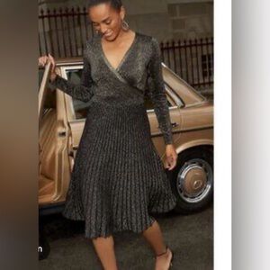 KATE SPADE XS Metallic black pleated skirt wrap surplice midi sweater dress